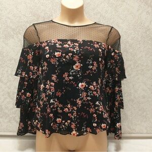 White House Black Market Floral Ruffle Sheer Panel Blouse
